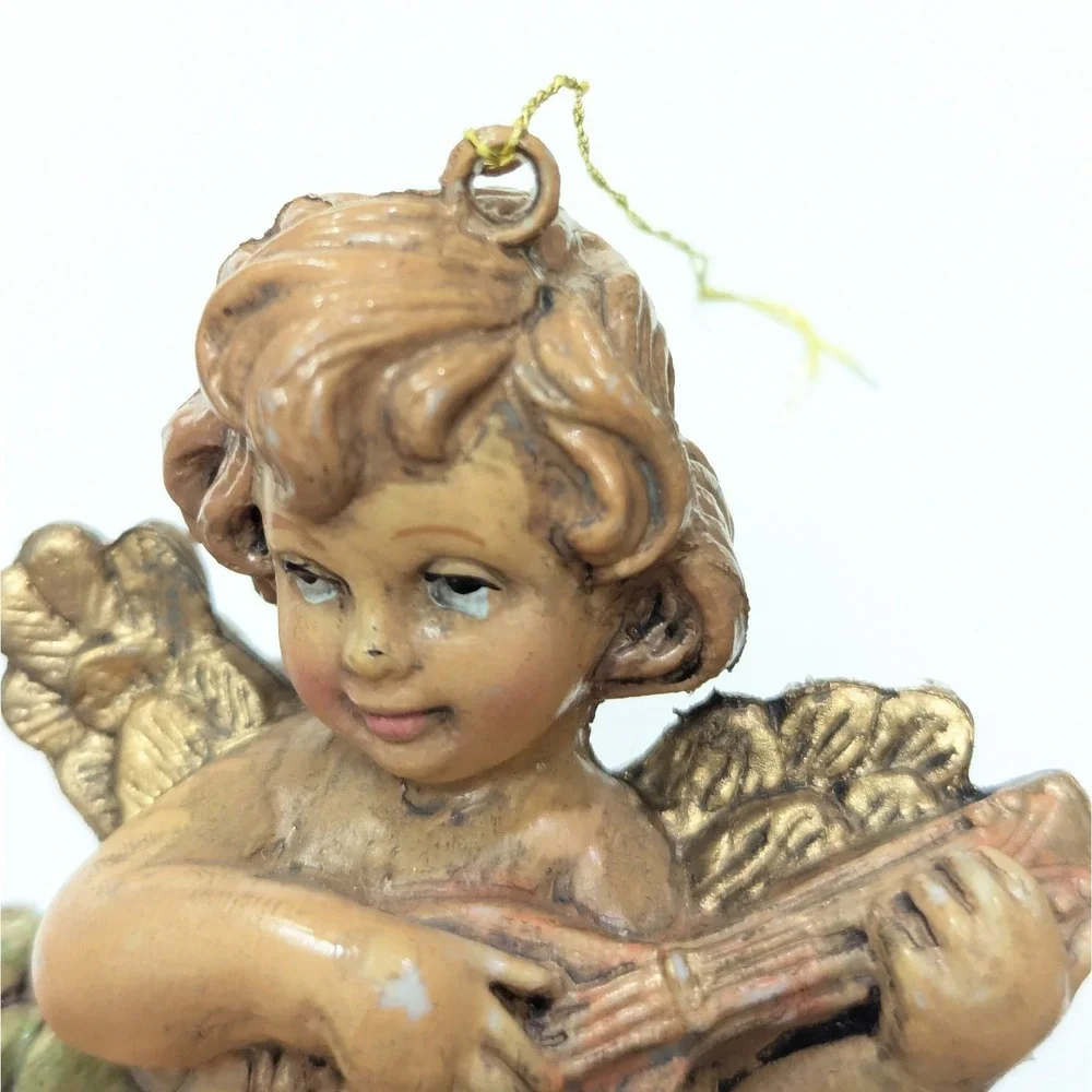 Vintage Baroque Angel Cherub w/Mandolin Blowmold Figure Christmas Ornament